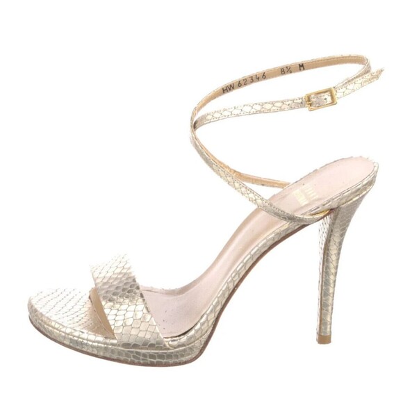 PRE-OWNED DESIGNER STUART WEITZMAN GOLD METALLIC LEATHER ANLE STRAP SANDALS 8.5 - Picture 4 of 14
